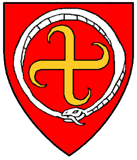 Gules, a cross gurgity Or within a serpent in annulo head to base argent.