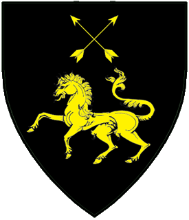 Sable, a horse passant and in chief two arrows inverted in saltire Or.