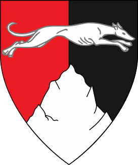 Per pale gules and sable, a greyhound courant contourny and a mountain argent.