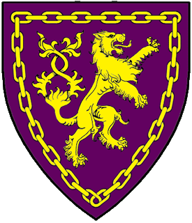 Purpure, a lion rampant contourny queue-forchy within a orle of chain Or.