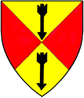 Per saltire Or and gules, in pale two arrows sable.