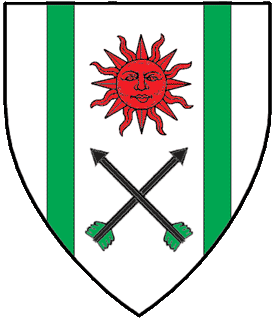 Argent, in pale a sun in his splendor gules and two arrows inverted in saltire sable fletched between two pallets vert.