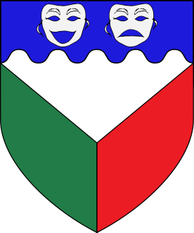 Per pall argent, vert, and gules, on a chief wavy azure the masks of comedy and tragedy argent.
