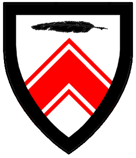 Argent, a chevron cotised gules and in chief a quill fesswise reversed, all within a bordure sable.