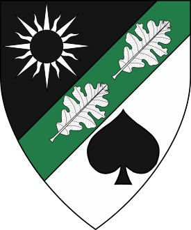 Per bend sinister sable and argent, on a bend sinister vert between a sun argent eclipsed and a card pique sable two oak leaves argent.