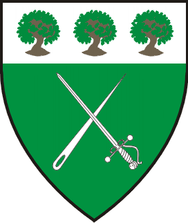 Vert, in saltire a rapier and a sewing needle inverted, on a chief argent three trees proper.
