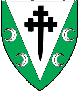 Vert, on a pile between two increscents and two decrescents argent, a cross crosslet fitchy sable.