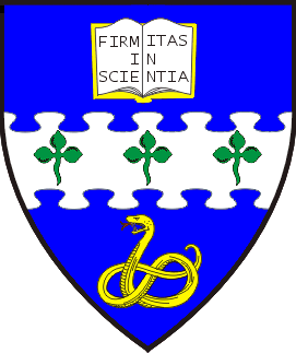 Azure, on a fess nebuly between an open book argent, leathered Or, and a serpent nowed erect Or three shamrocks vert.