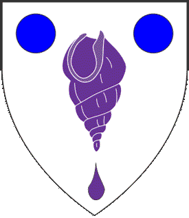 Argent, a whelk purpure between two roundels azure and a goutte purpure.