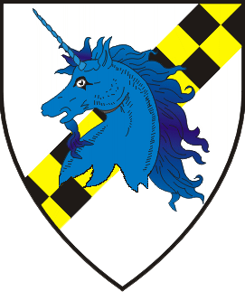 Argent, a bend sinister counter-compony Or and sable, overall a unicorn's head erased azure.
