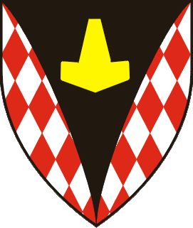 Sable chaussé ployé lozengy argent and gules, a Thor's hammer Or.