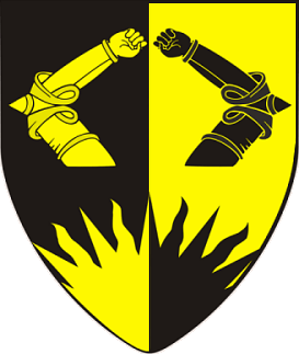 Per pale sable and Or, a pair of arms in armor counter-embowed and a sun issuant from base counterchanged.