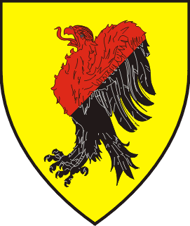 Or, an eagle rising wings elevated and addorsed per bend sinister gules and sable.