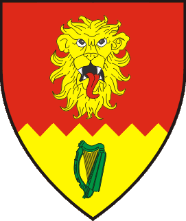 Gules, a lion's head caboshed and on a base indented Or a harp vert.