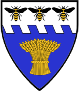 Azure, a garb Or and on a chief raguly argent three bees sable marked Or.