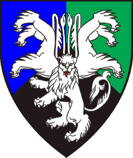 Tierced in point, azure, vert, and sable, a tricorporate lion argent.