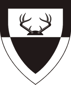 Per fess argent and sable, in chief a massacre sable within a bordure counterchanged.