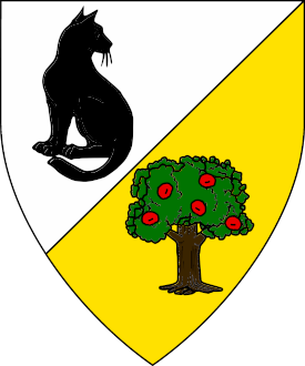Per bend sinister argent and Or, a domestic cat sejant reguardant sable and an apple tree proper fructed gules.