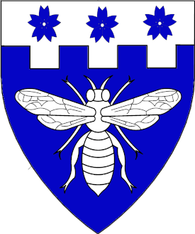 Azure, a bee and on a chief embattled argent three cherry blossoms azure.