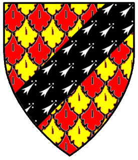 Plumetty gules and Or, a bend sinister counter-ermine.