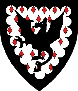 Argent, seme of lozenges gules, a wyvern passant, wings displayed, within a bordure engrailed sable.