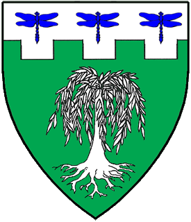 Vert, a weeping willow tree eradicated and on a chief embattled argent three dragonflies azure.