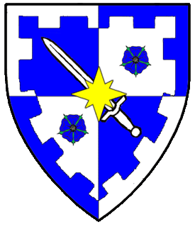 Quarterly azure and argent, a sword bendwise argent, surmounted by a compass star Or, between two roses azure, barbed and seeded proper, all within a bordure embattled counterchanged.