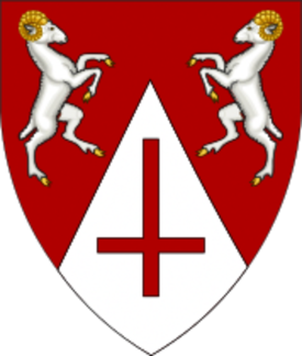 Per chevron gules and argent, two rams combattant and a Latin cross inverted counterchanged