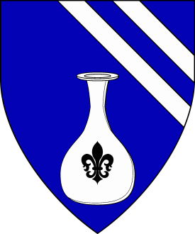 Azure, on a flask argent a fleur-de-lys sable, two bendlets enhanced argent Device or arms for Abigail Tylton