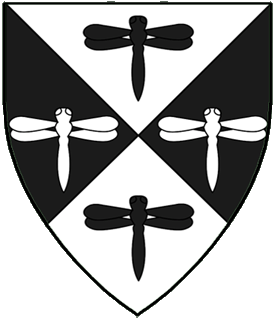 Per saltire argent and sable, four dragonflies counterchanged.
