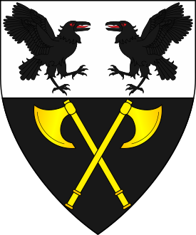 Per fess argent and sable, two ravens rising respectant sable and two axes in saltire Or.