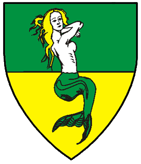 Per fess vert and Or, a mermaid sejant to sinister argent, tailed vert, crined Or.