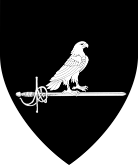 Sable, in pale a hawk close contourny perched on a rapier fesswise reversed argent