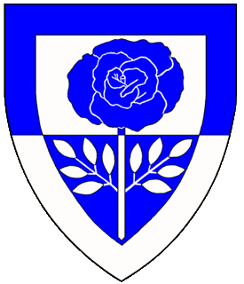 Per fess argent and azure, a garden rose slipped and leaved within a bordure counterchanged.