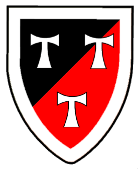 Per bend sinister sable and gules, three tau crosses within a bordure argent.