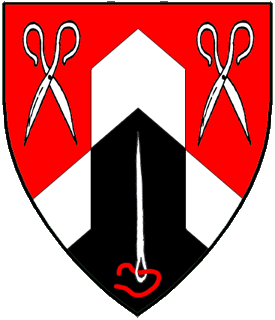 Per chevron gules and sable, a chevron rompu between two pairs of scissors inverted argent and a needle inverted argent threaded gules.