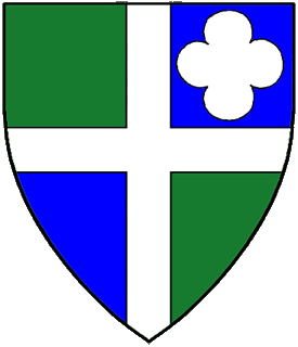 Quarterly vert and azure, a cross and in sinister chief a quatrefoil argent.