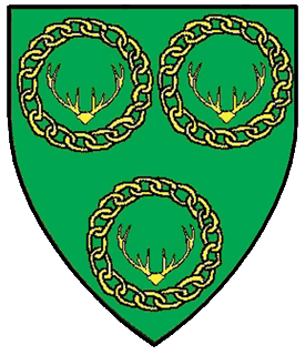 Vert, three stag's massacres each within an annulet of chain Or.