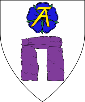 Argent, in pale a rose azure charged with the letter “A” Or and a dolmen purpure.