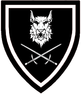 Sable, in pale a wolf's head cabossed and two swords in saltire, within an orle argent.