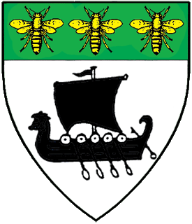 Argent, a drakkar sable and on a chief vert three bees Or.