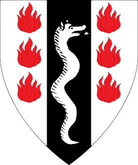 Argent, on a pale sable between six flames gules a serpent erect contourny argent