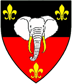 Per fess sable and gules, an elephant's head cabossed argent armed between three fleur-de-lis Or.