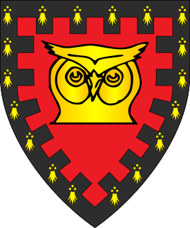 Gules, an owl's head couped affronty Or within a bordure embattled pean.