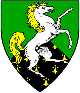 Per chevron vert and pean, a horse rampant to sinister argent, crined Or.
