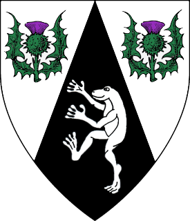 Per chevron throughout argent and sable, two thistles proper and a frog rampant argent.