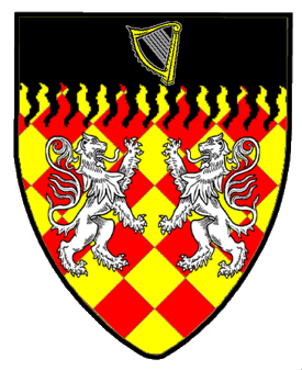 Lozengy Or and gules, two lions combattant argent, on a chief rayonny sable, a harp Or.