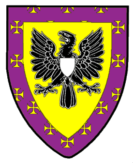 Or, on an eagle displayed sable an inescutcheon argent all within a bordure purpure semy of crosses formy Or.