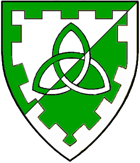 Per bend sinister argent and vert, a triquetra and a bordure embattled counterchanged.
