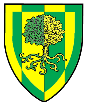 Paly of four vert and Or, an oak tree eradicated fructed within a bordure all counterchanged.